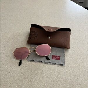 Ray-Ban Hexagonal Sunglasses with Pink Lenses and Gold Frame
